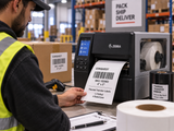 Thermal transfer 4 x 5 labels printing at a warehouse workstation