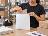 Size #7 poly bubble mailer in use at a commercial packing station