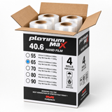 Open case of four 16 inch high-performance 65 Gauge EQ hand stretch wrap rolls