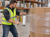 Heavy-duty stretch wrap dispenser applying clear film to a palletized load