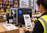 Thermal transfer 4 x 8 shipping labels printing at a warehouse station