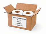 Open case of 4 x 8 thermal transfer labels, 3-inch core, 750 labels per roll, 4 rolls per case