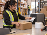 Warehouse operator using thermal transfer labels at a packing station