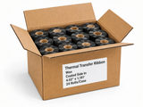 Open case of wax thermal transfer ribbon, coated side in, 4.02 x 1,181 ft, 24 rolls per case