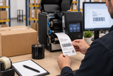 Wax thermal transfer ribbon in use at a warehouse label printing station
