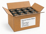 Open case of wax thermal transfer ribbon, coated side in, 4.33 x 1,345 ft, 24 rolls per case