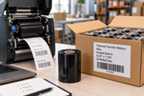 Wax thermal transfer ribbon in use at a warehouse packing station