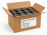 Open case of wax thermal transfer ribbon, coated side in, 4.33 x 1,181 ft, 24 rolls per case