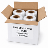 Open case of four 12 inch standard-duty hand stretch wrap rolls
