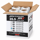 Open case of four 14 inch high-performance 80 Gauge EQ hand stretch wrap rolls