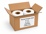 Open case of 4 x 2 thermal transfer labels, 3-inch core, 2,800 labels per roll, 4 rolls per case