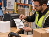 Operator printing 4 x 6 direct thermal shipping labels at a warehouse station