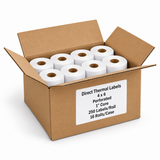 Open case of 4 x 6 direct thermal labels, 1-inch core, 250 labels per roll, 16 rolls per case