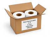Open case of 4 x 6 direct thermal labels, 3-inch core, 1,000 labels per roll, 4 rolls per case