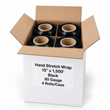 Open case of four black 15 inch 80 gauge hand stretch wrap rolls