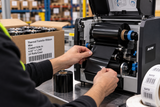 Wax thermal transfer ribbon being threaded into a warehouse label printer