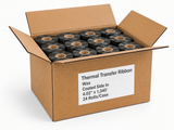 Open case of wax thermal transfer ribbon, coated side in, 4.02 x 1,345 ft, 24 rolls per case