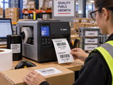 Thermal transfer 4 x 3 labels printing at a warehouse workstation