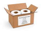 Open case of 4 x 3 thermal transfer labels, 3-inch core, 2,000 labels per roll, 4 rolls per case