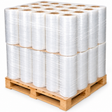 Wrapped skid of 40 heavy-duty 80 gauge machine stretch wrap rolls